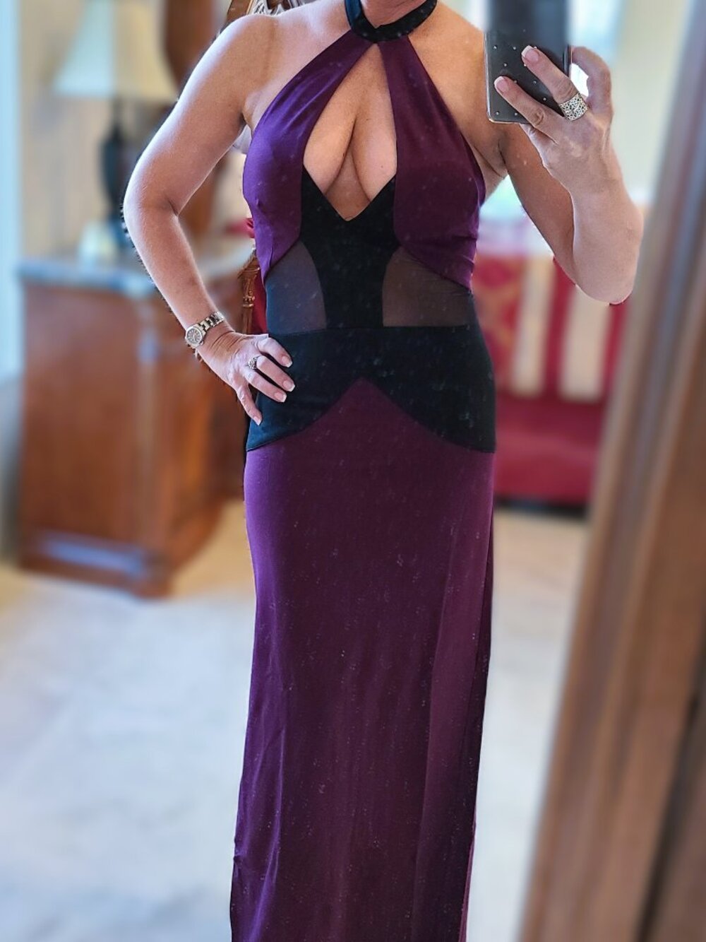 NWT Venus BodyCon Mesh Halter Black Tie Cocktail Gala Evening Gown Purple Plum